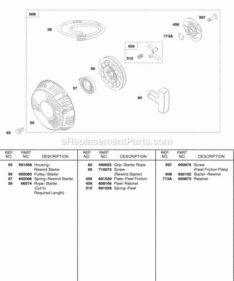 Rewind Starter Diagram and Parts List for 245432-0083-01  Briggs and Stratton Engine